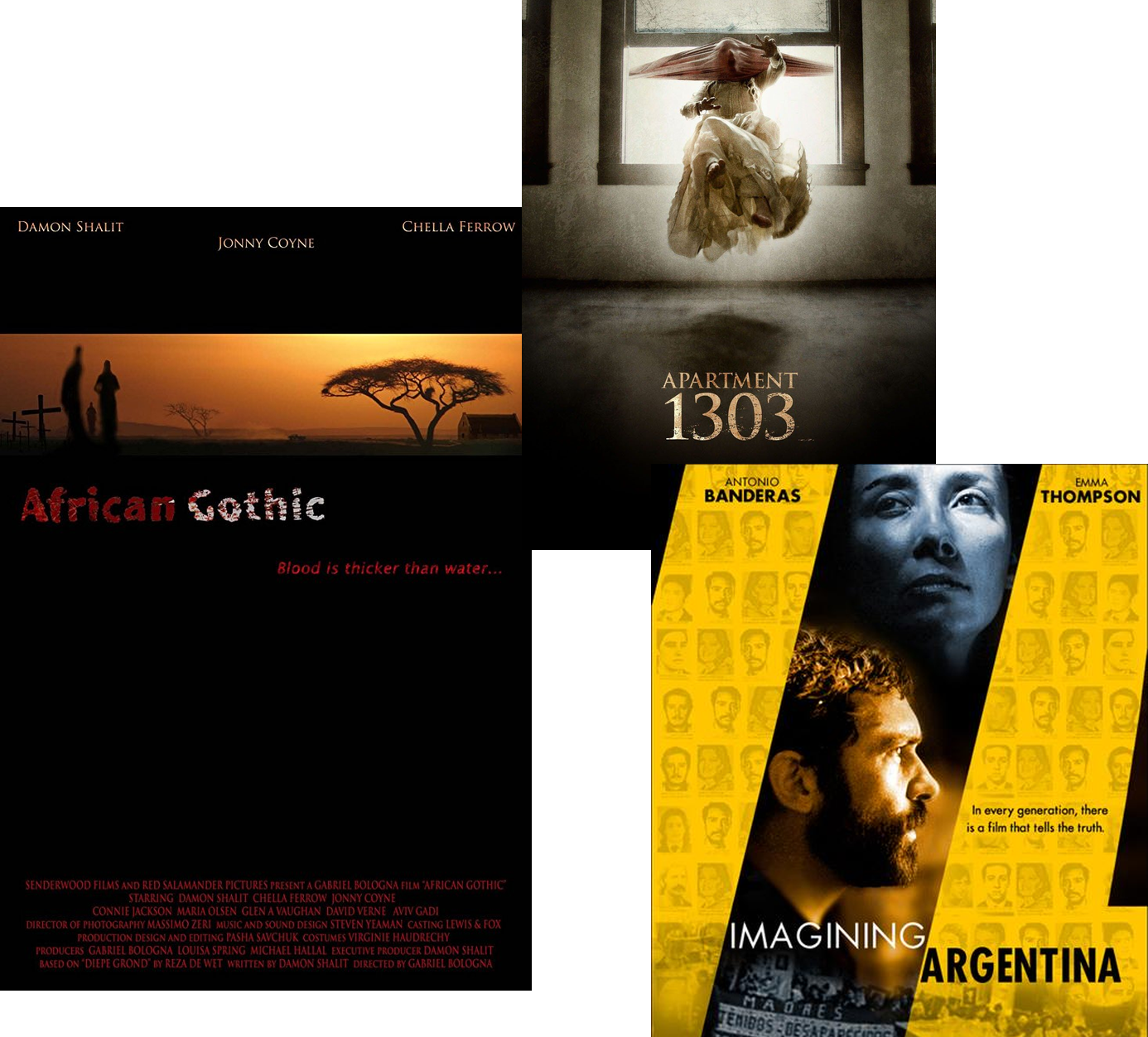 African Gothic, Apartment 1303 and Imagining Argentina posters